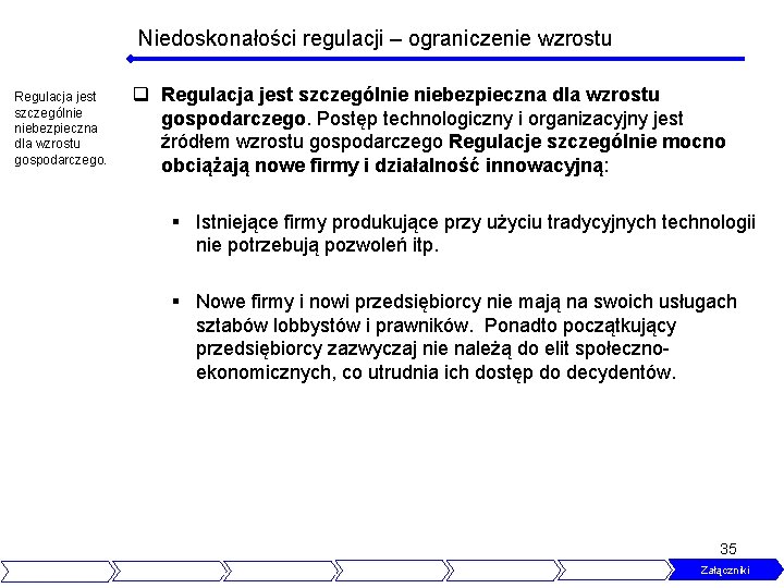 Niedoskonałości regulacji – ograniczenie wzrostu Regulacja jest szczególnie niebezpieczna dla wzrostu gospodarczego. q Regulacja