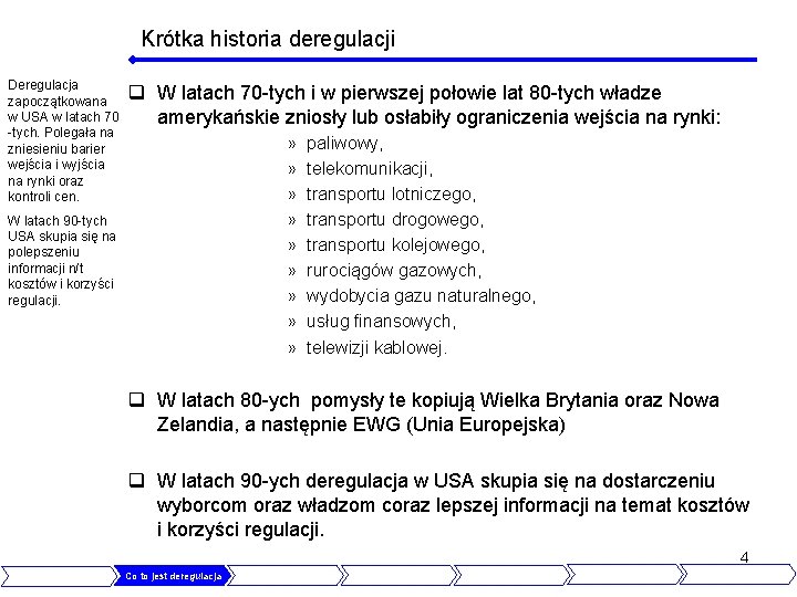 Krótka historia deregulacji Deregulacja zapoczątkowana w USA w latach 70 -tych. Polegała na zniesieniu