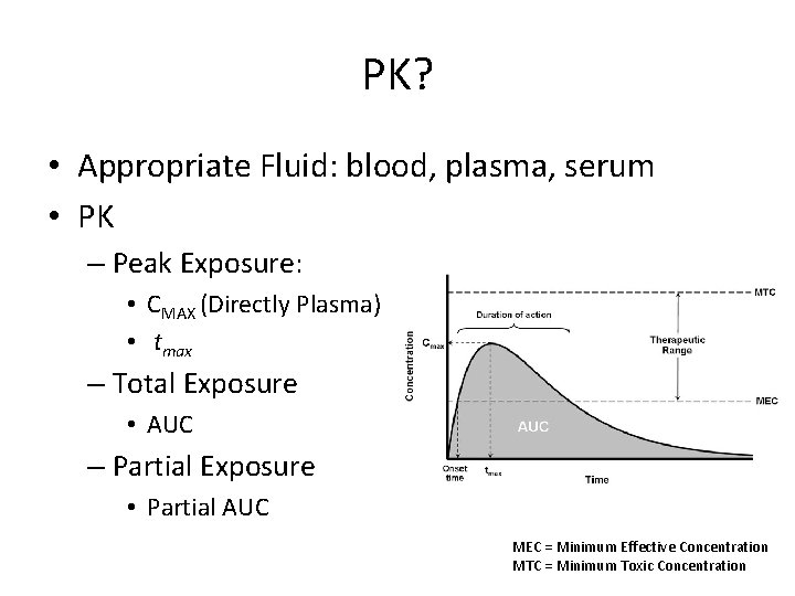 PK? • Appropriate Fluid: blood, plasma, serum • PK – Peak Exposure: • CMAX