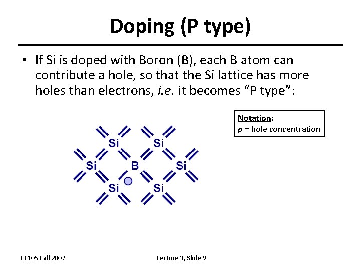 Doping (P type) • If Si is doped with Boron (B), each B atom