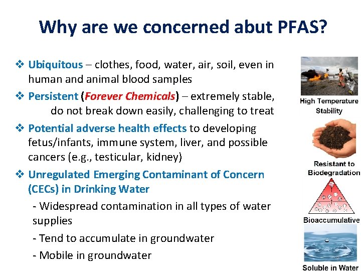 Why are we concerned abut PFAS? v Ubiquitous – clothes, food, water, air, soil,