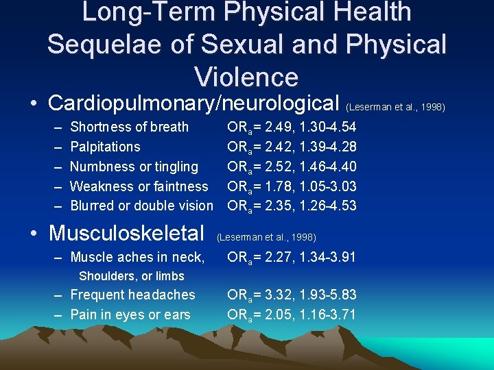 Long-Term Physical Health Sequelae of Sexual and Physical Violence • Cardiopulmonary/neurological (Leserman et al.