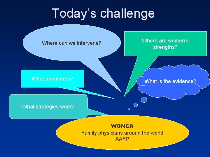 Today’s challenge Where can we intervene? What about men? Where are women’s strengths? What