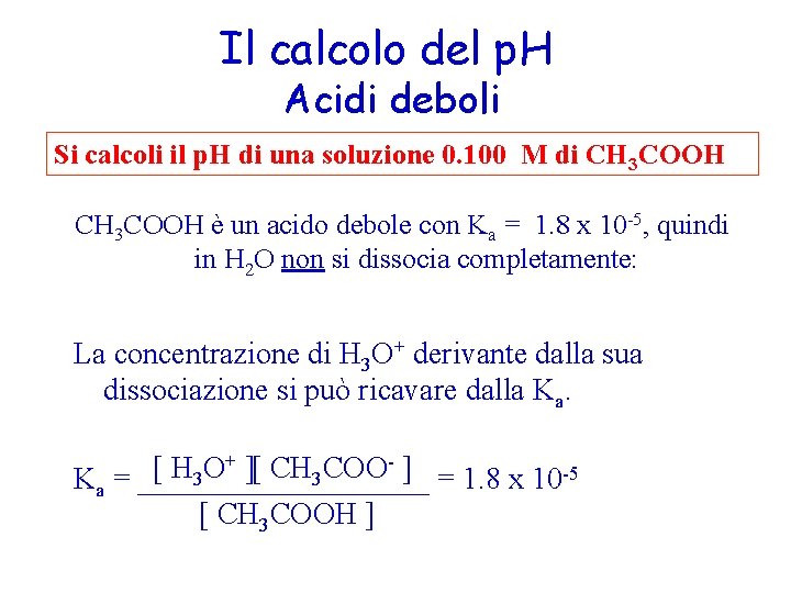 Il calcolo del p. H Acidi deboli Si calcoli il p. H di una