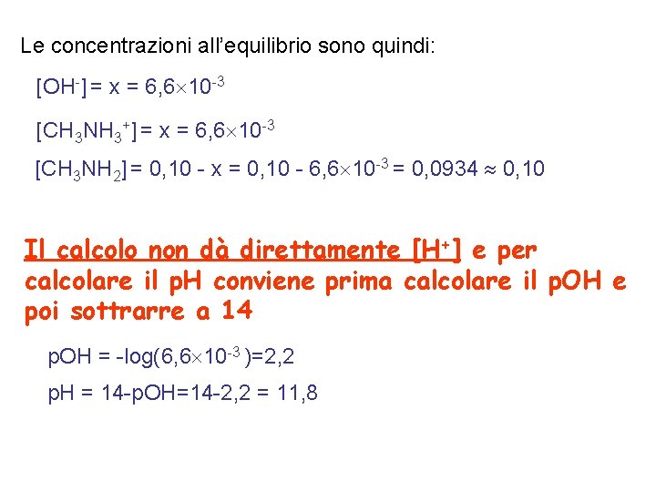 Le concentrazioni all’equilibrio sono quindi: [OH-] = x = 6, 6 10 -3 [CH