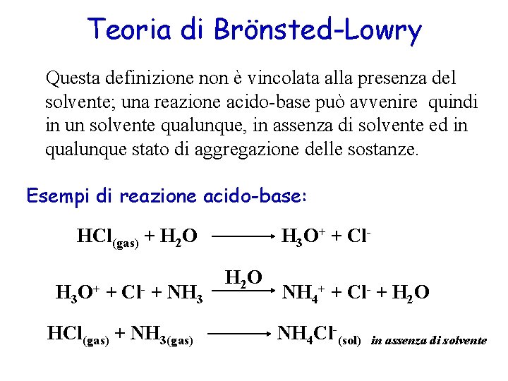 Teoria di Brönsted-Lowry Questa definizione non è vincolata alla presenza del solvente; una reazione