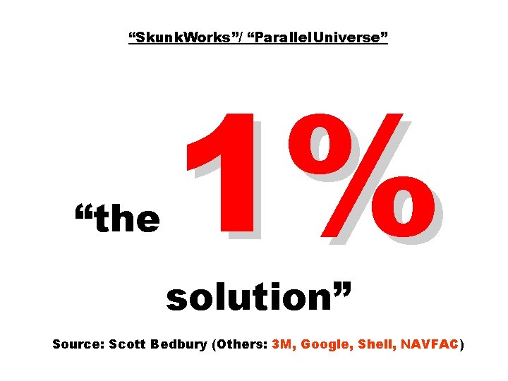 “Skunk. Works”/ “Parallel. Universe” “the 1% solution” Source: Scott Bedbury (Others: 3 M, Google,