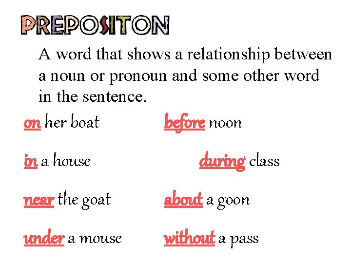 A word that shows a relationship between a noun or pronoun and some other A word that shows a relationship between a noun or pronoun and some other