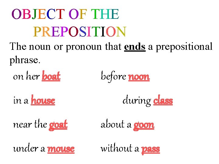 OBJECT OF THE PREPOSITION The noun or pronoun that ends a prepositional phrase. on OBJECT OF THE PREPOSITION The noun or pronoun that ends a prepositional phrase. on