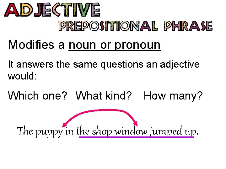 Modifies a noun or pronoun It answers the same questions an adjective would: Which Modifies a noun or pronoun It answers the same questions an adjective would: Which