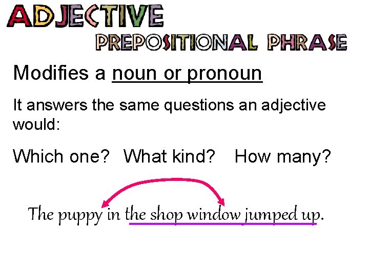 Modifies a noun or pronoun It answers the same questions an adjective would: Which