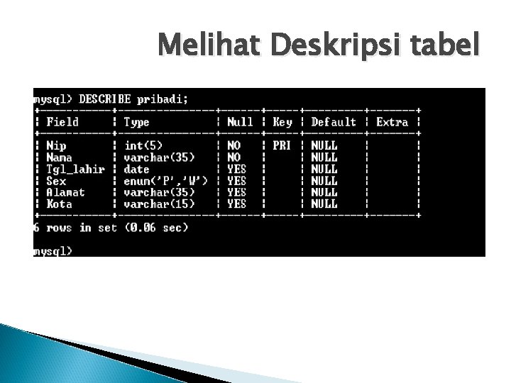 Melihat Deskripsi tabel 
