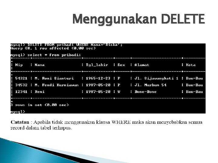 Menggunakan DELETE 