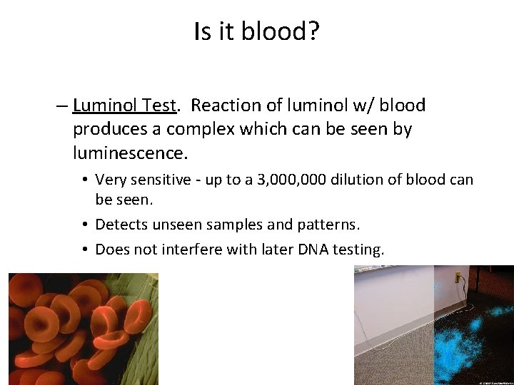 Is it blood? – Luminol Test. Reaction of luminol w/ blood produces a complex