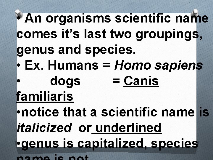  • An organisms scientific name comes it’s last two groupings, genus and species.