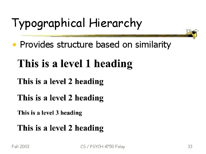 Typographical Hierarchy • Provides structure based on similarity Fall 2003 CS / PSYCH 4750
