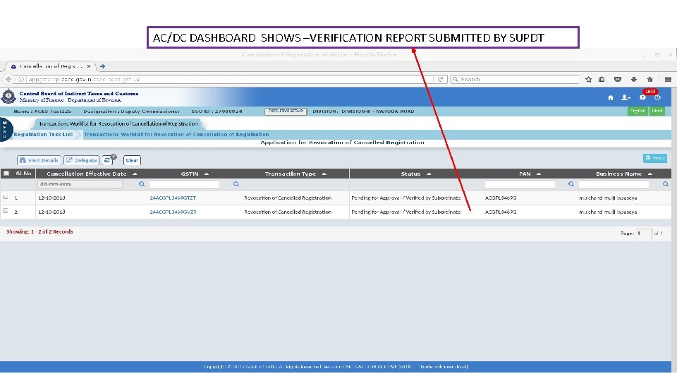 AC/DC DASHBOARD SHOWS –VERIFICATION REPORT SUBMITTED BY SUPDT 