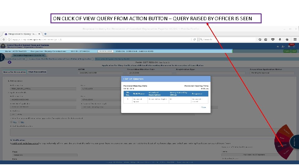 ON CLICK OF VIEW QUERY FROM ACTION BUTTON – QUERY RAISED BY OFFICER IS