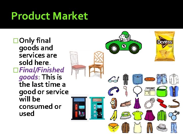 Product Market �Only final goods and services are sold here. �Final/Finished goods: This is Product Market �Only final goods and services are sold here. �Final/Finished goods: This is