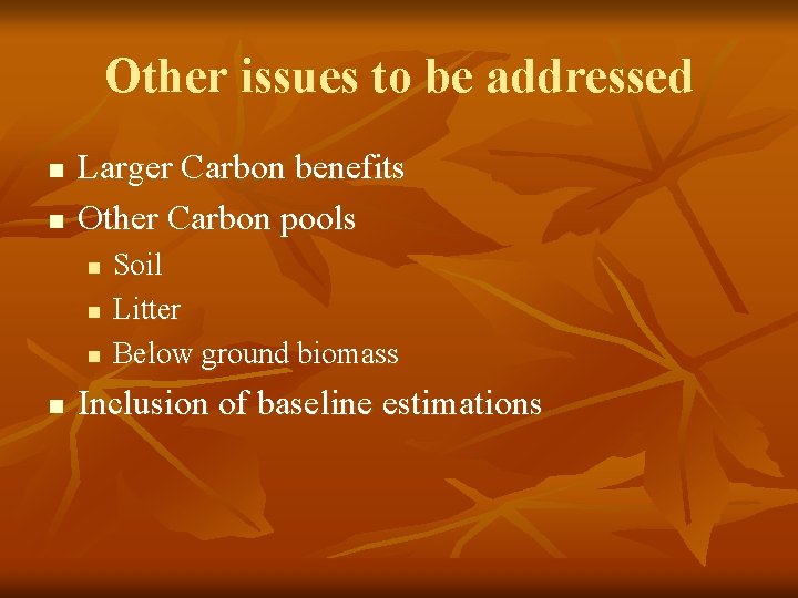 Other issues to be addressed n n Larger Carbon benefits Other Carbon pools n