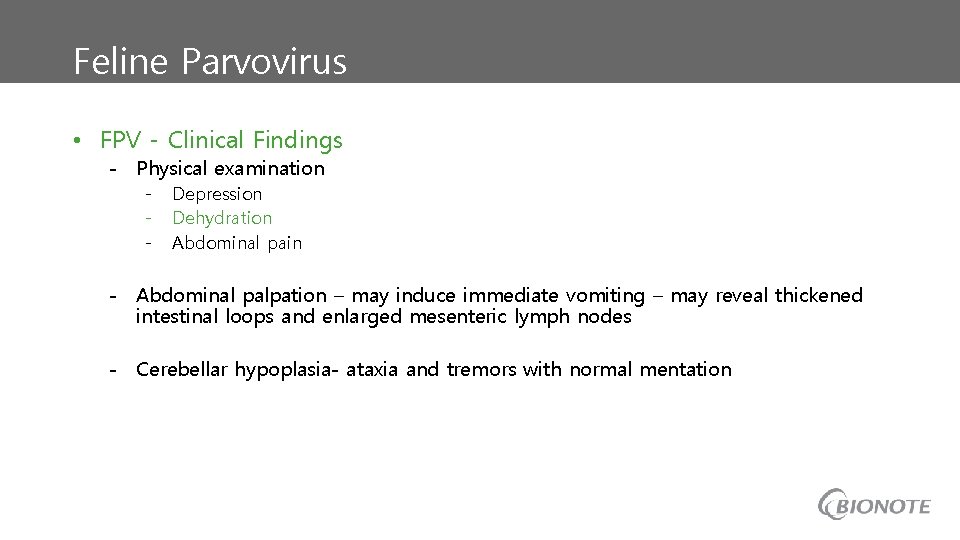 Feline Parvovirus • FPV - Clinical Findings - Physical examination - Depression Dehydration Abdominal