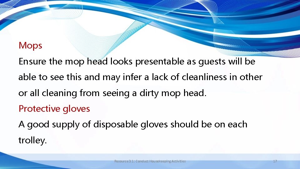 Mops Ensure the mop head looks presentable as guests will be able to see