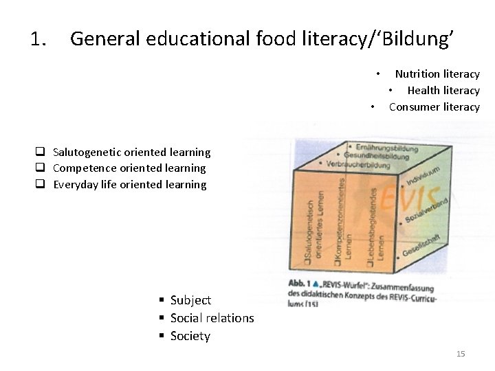 1. General educational food literacy/‘Bildung’ • • Nutrition literacy • Health literacy Consumer literacy