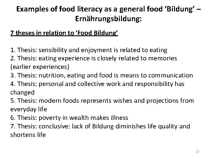 Examples of food literacy as a general food ‘Bildung’ – Ernährungsbildung: 7 theses in