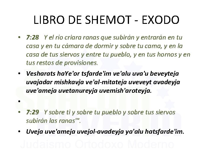 LIBRO DE SHEMOT - EXODO • 7: 28 Y el río criara ranas que