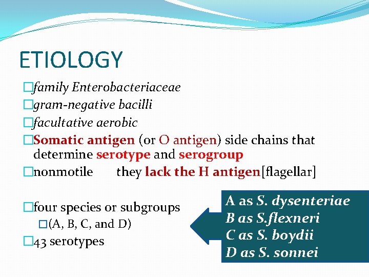 ETIOLOGY �family Enterobacteriaceae �gram-negative bacilli �facultative aerobic �Somatic antigen (or O antigen) side chains