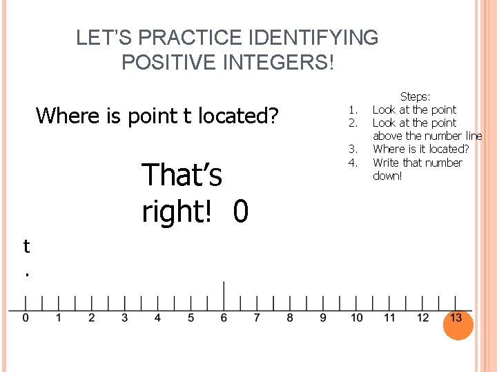 LET’S PRACTICE IDENTIFYING POSITIVE INTEGERS! Where is point t located? That’s right! 0 t.