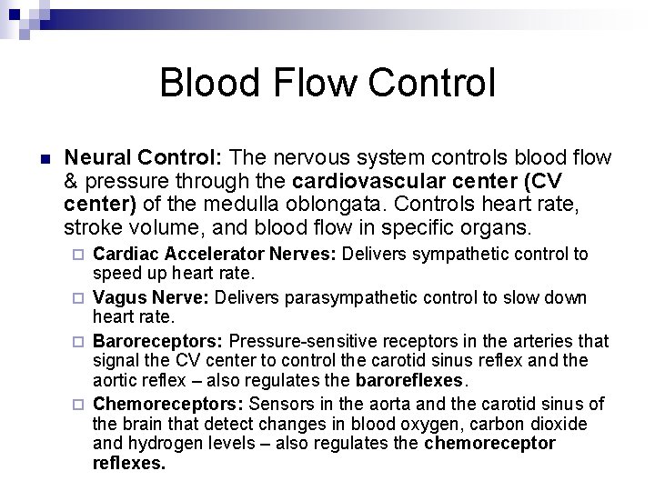 Blood Flow Control n Neural Control: The nervous system controls blood flow & pressure