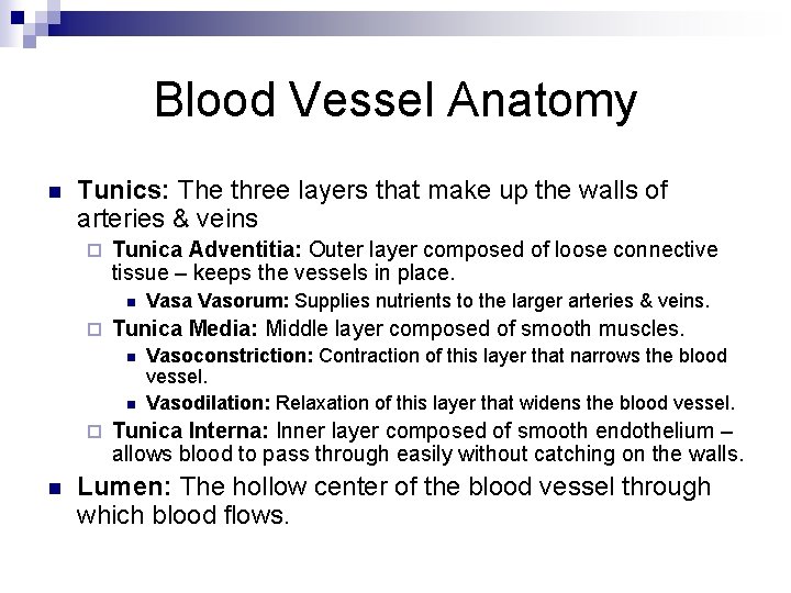 Blood Vessel Anatomy n Tunics: The three layers that make up the walls of