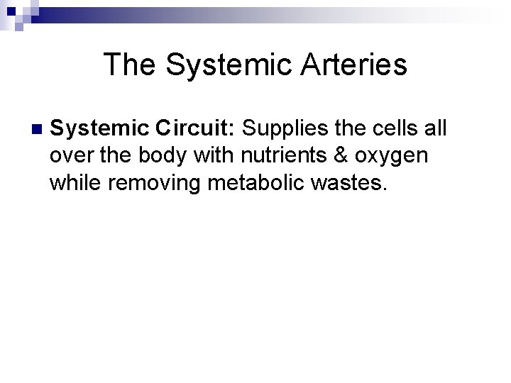 The Systemic Arteries n Systemic Circuit: Supplies the cells all over the body with