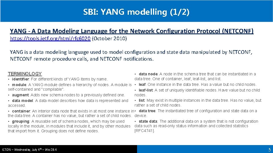 SBI: YANG modelling (1/2) YANG - A Data Modeling Language for the Network Configuration