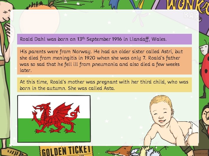 Roald Dahl was born on 13 th September 1916 in Llandaff, Wales. His parents