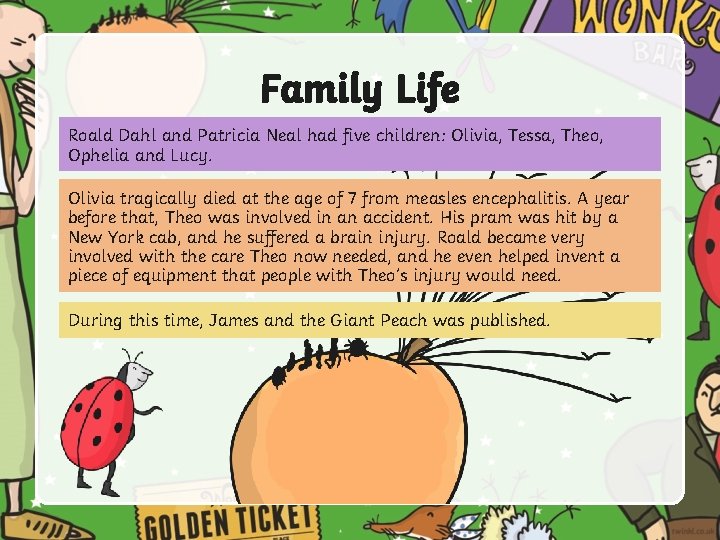 Family Life Roald Dahl and Patricia Neal had five children: Olivia, Tessa, Theo, Ophelia