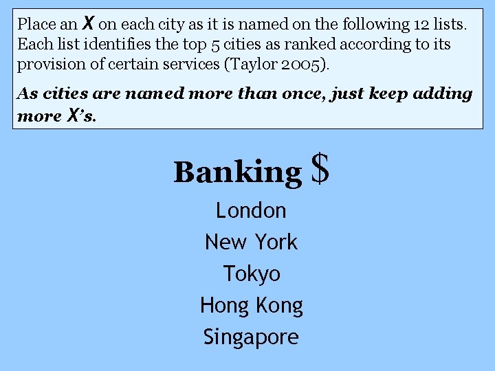 Place an X on each city as it is named on the following 12