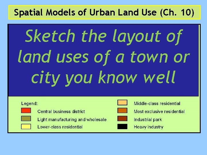 Spatial Models of Urban Land Use (Ch. 10) Sketch the layout of land uses