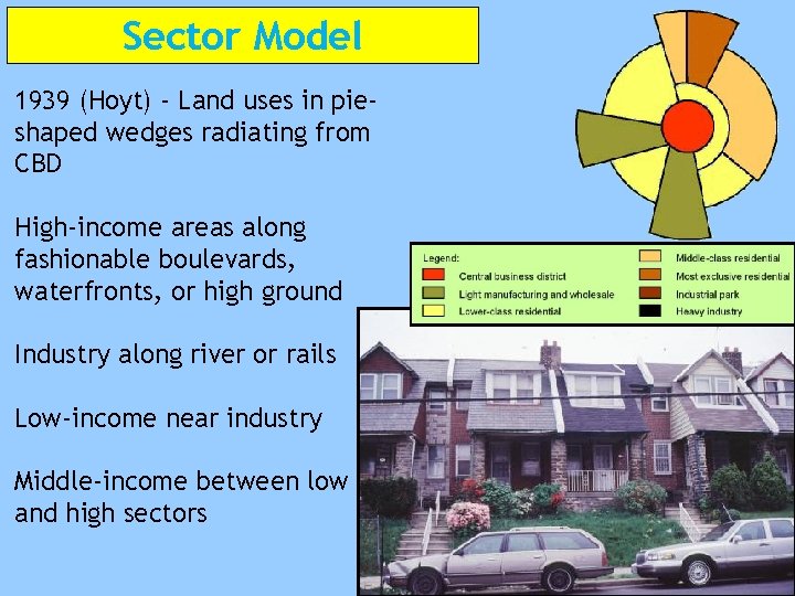 Sector Model 1939 (Hoyt) - Land uses in pieshaped wedges radiating from CBD High-income