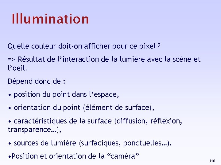 Illumination Quelle couleur doit-on afficher pour ce pixel ? => Résultat de l’interaction de