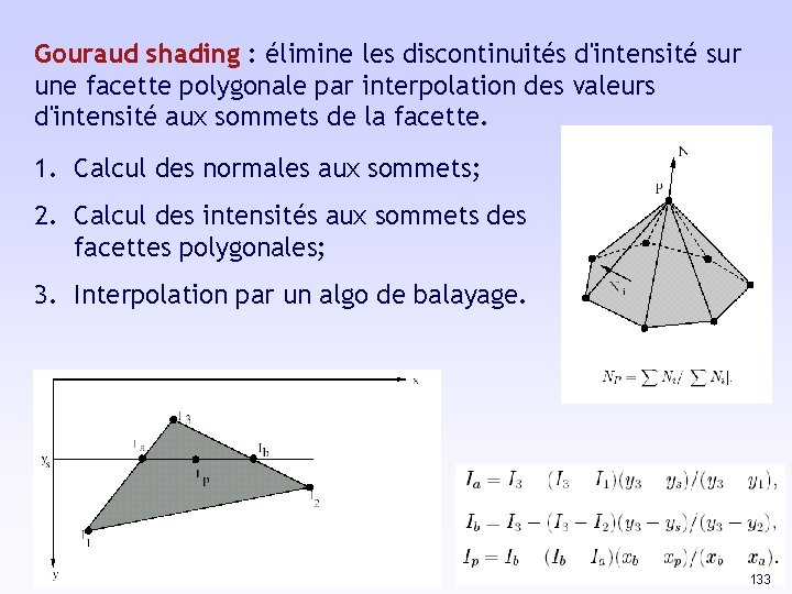 Gouraud shading : élimine les discontinuités d'intensité sur une facette polygonale par interpolation des