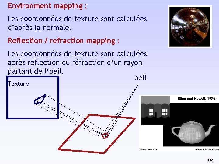 Environment mapping : Les coordonnées de texture sont calculées d’après la normale. Reflection /