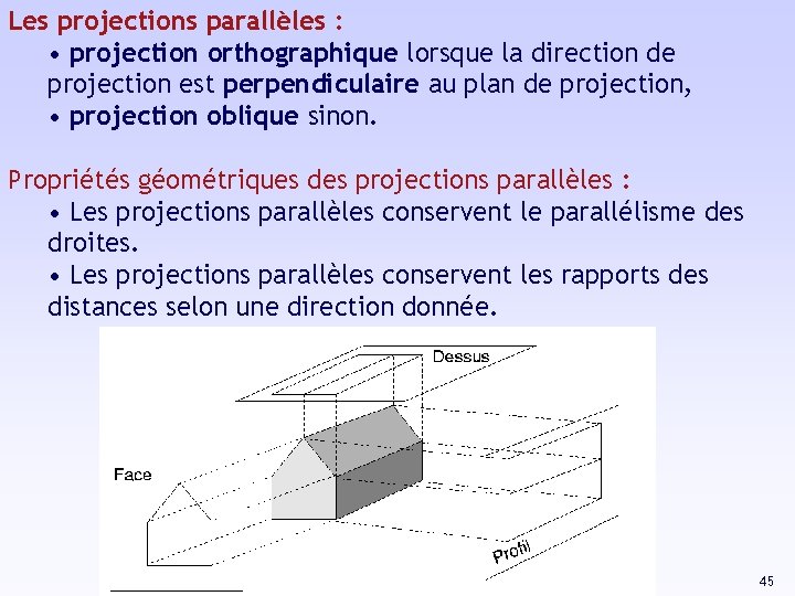 Les projections parallèles : • projection orthographique lorsque la direction de projection est perpendiculaire