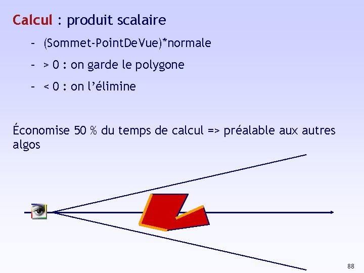 Calcul : produit scalaire – (Sommet-Point. De. Vue)*normale – > 0 : on garde