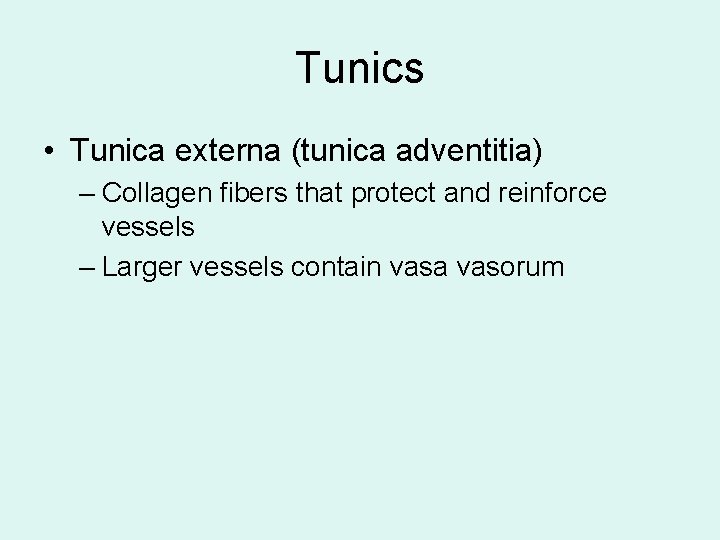Tunics • Tunica externa (tunica adventitia) – Collagen fibers that protect and reinforce vessels