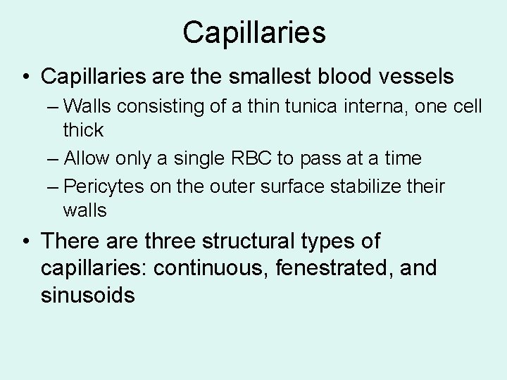 Capillaries • Capillaries are the smallest blood vessels – Walls consisting of a thin