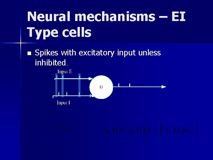 Neural mechanisms – EI Type cells n Spikes with excitatory input unless inhibited. 