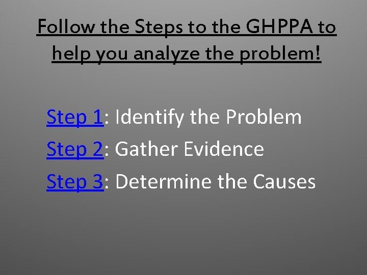 Follow the Steps to the GHPPA to help you analyze the problem! Step 1: