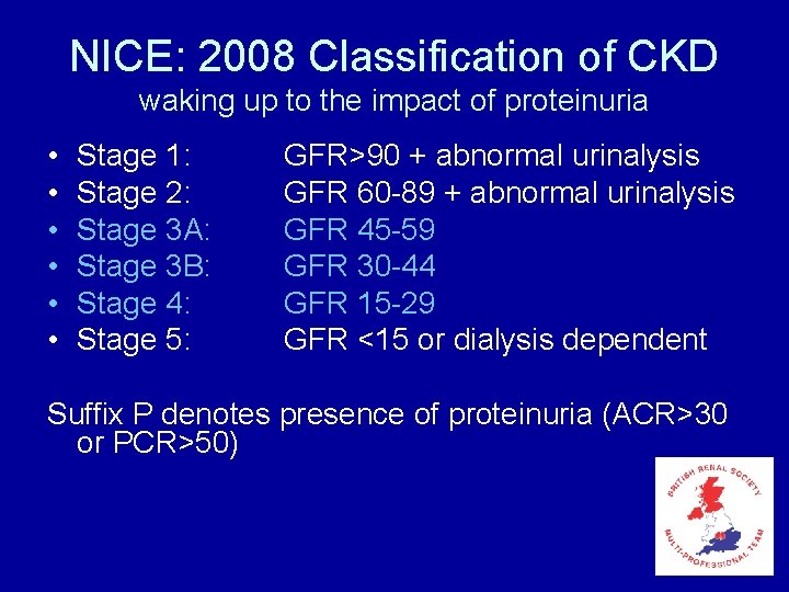 NICE: 2008 Classification of CKD waking up to the impact of proteinuria • •
